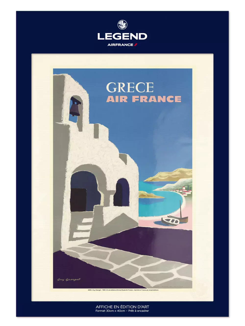 Affiche Air France « Grèce » vintage et coloré sublimera votre décoration intérieur. Découvrez la large gamme d'affiches rétros reprenant les grands moments de l'aviation et du voyage chez Air France.