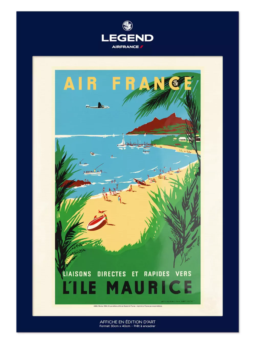 Affiche Air France « L’île Maurice » vintage et coloré sublimera votre décoration intérieur. Découvrez la large gamme d'affiches rétros reprenant les grands moments de l'aviation et du voyage chez Air France.