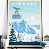 Affiche de la station de ski de l'Alpe d'Huez dans le département de l’Isère en France au style vintage. Cette affiche au design rétro et coloré égayera votre décoration intérieur.