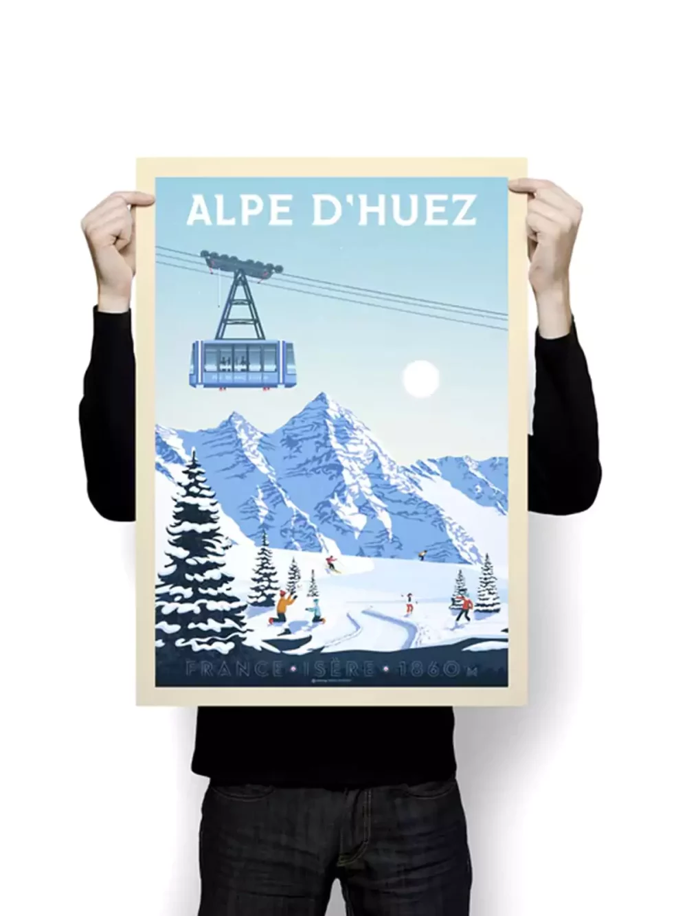 Affiche de la station de ski de l'Alpe d'Huez dans le département de l’Isère en France au style vintage. Cette affiche au design rétro et coloré égayera votre décoration intérieur.