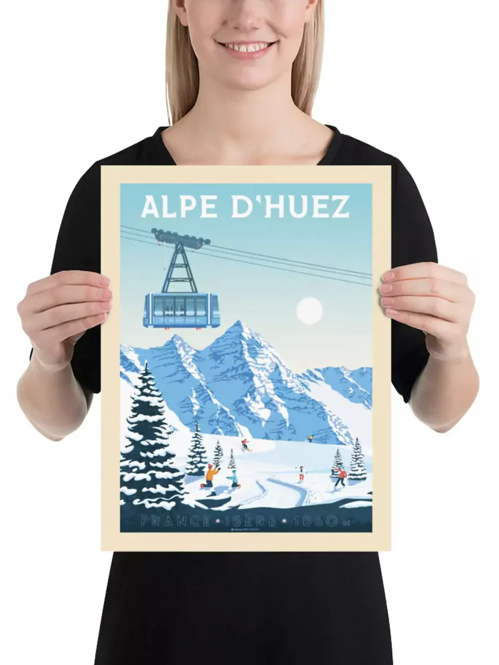 Affiche de la station de ski de l'Alpe d'Huez dans le département de l’Isère en France au style vintage. Cette affiche au design rétro et coloré égayera votre décoration intérieur.