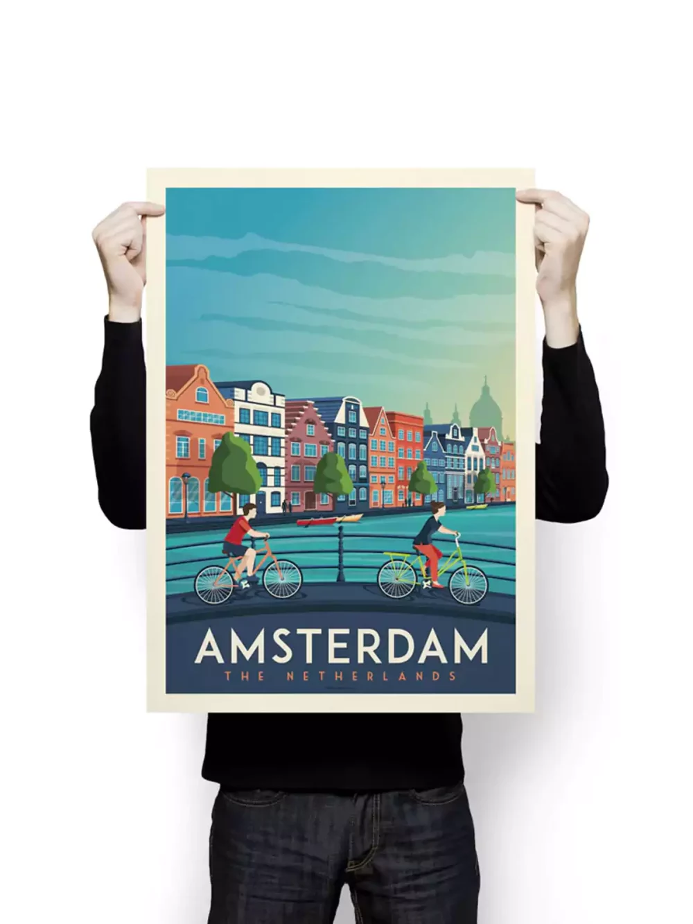 Affiche de la ville d'Amsterdam aux Pays-Bas au style vintage. Cette affiche au design rétro et coloré égayera votre décoration intérieur.