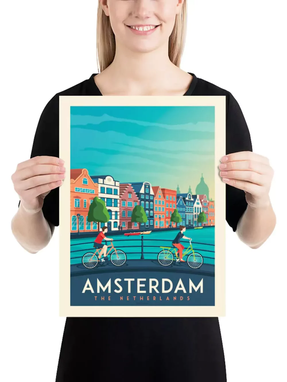 Affiche de la ville d'Amsterdam aux Pays-Bas au style vintage. Cette affiche au design rétro et coloré égayera votre décoration intérieur.