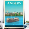 Affiche bateau amarré dans la ville d'Angers en France au style vintage, château roi René. Cette affiche au design rétro et coloré égayera votre décoration intérieur.