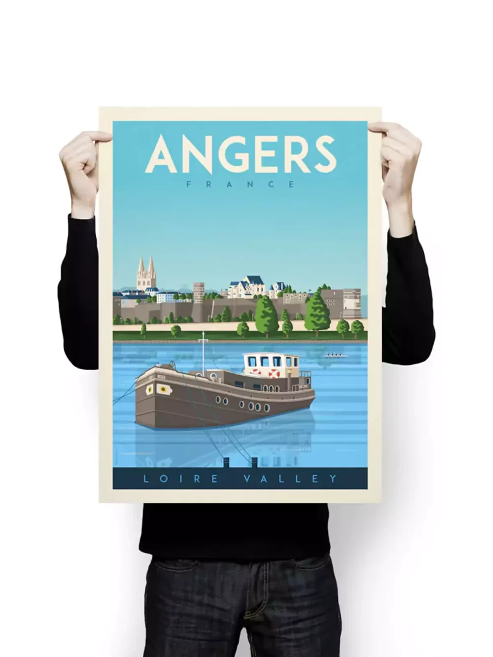 Affiche bateau amarré dans la ville d'Angers en France au style vintage, château roi René. Cette affiche au design rétro et coloré égayera votre décoration intérieur.