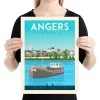 Affiche bateau amarré dans la ville d'Angers en France au style vintage, château roi René. Cette affiche au design rétro et coloré égayera votre décoration intérieur.