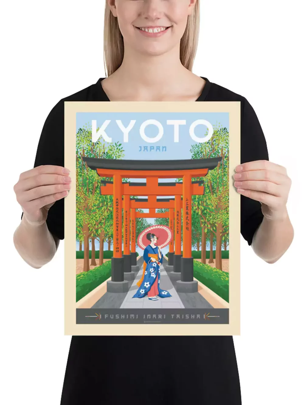 Affiche Olahoop de la ville de Kyoto au Japon au style vintage. Idéal pour votre intérieur, découvrez cette illustration d'une geisha marchant sous les tunnels des portes « Torii » dans les jardins du sanctuaire Fushimi Inari-taisha.