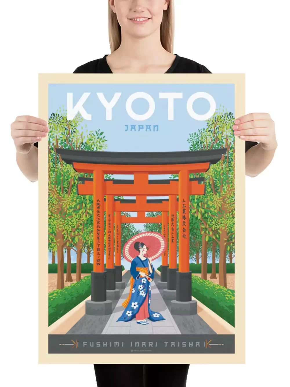 Affiche Olahoop de la ville de Kyoto au Japon au style vintage. Idéal pour votre intérieur, découvrez cette illustration d'une geisha marchant sous les tunnels des portes « Torii » dans les jardins du sanctuaire Fushimi Inari-taisha.