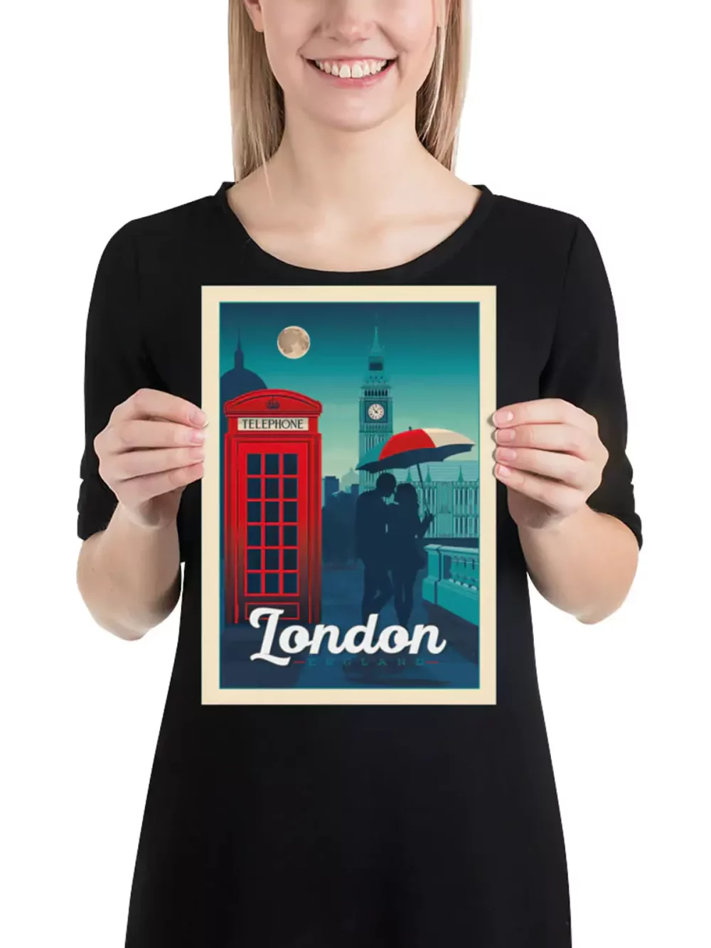 Affiche d e la ville de Londres Big Ben et cabine téléphonique emblématique du Royaume-Uni au style vintage. Cette affiche au design rétro et coloré égayera votre décoration intérieur.