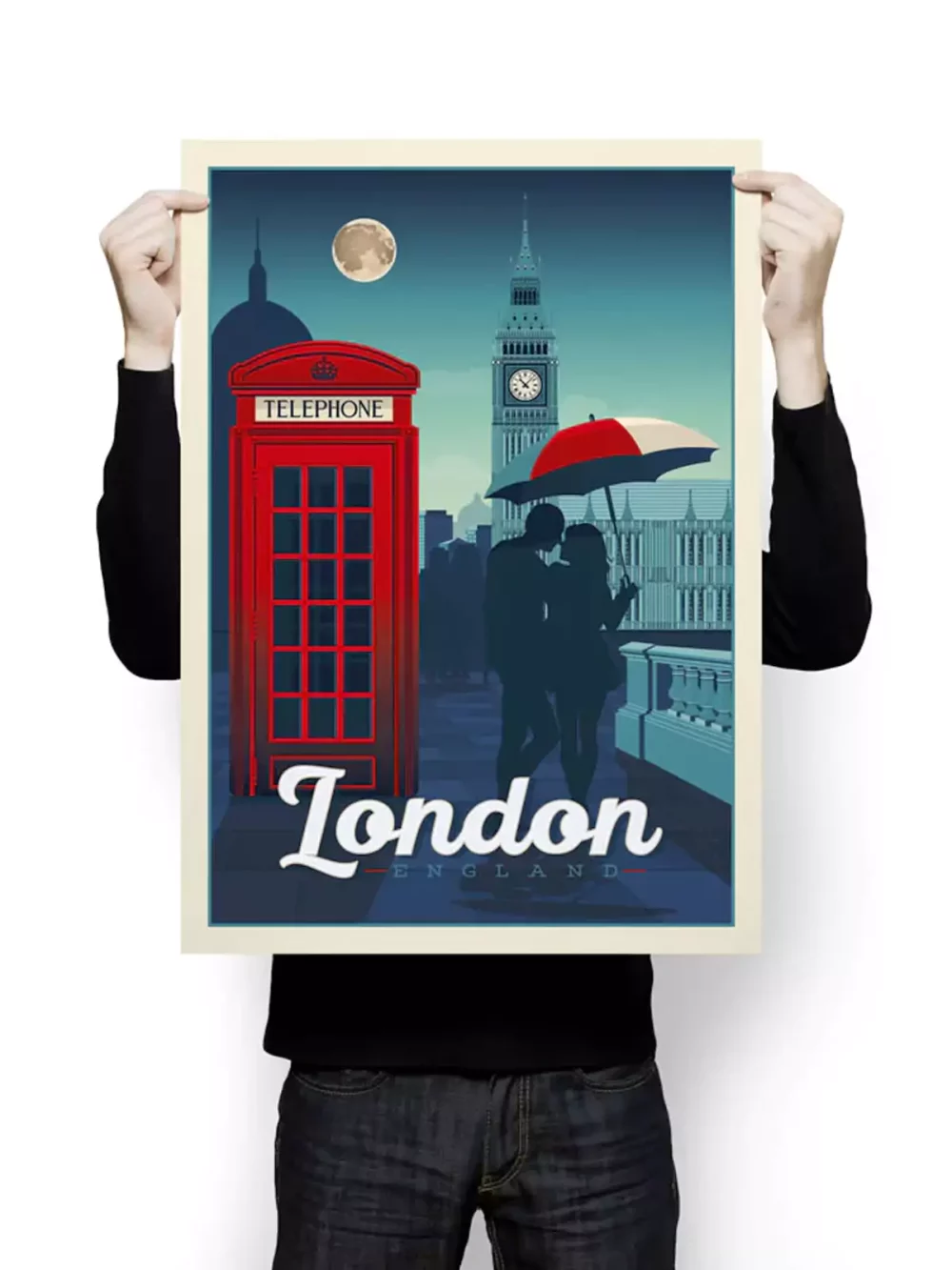 Affiche d e la ville de Londres Big Ben et cabine téléphonique emblématique du Royaume-Uni au style vintage. Cette affiche au design rétro et coloré égayera votre décoration intérieur.