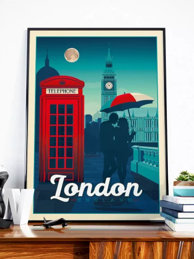 Affiche d e la ville de Londres Big Ben et cabine téléphonique emblématique du Royaume-Uni au style vintage. Cette affiche au design rétro et coloré égayera votre décoration intérieur.