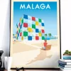 Affiche de la ville de Malaga en Espagne au style vintage. Retrouvez une illustration du cube en verre colorée présent au Centre Pompidou de cette ville touristique d'Andalousie connue pour ses plages au bord de la Méditerranée.