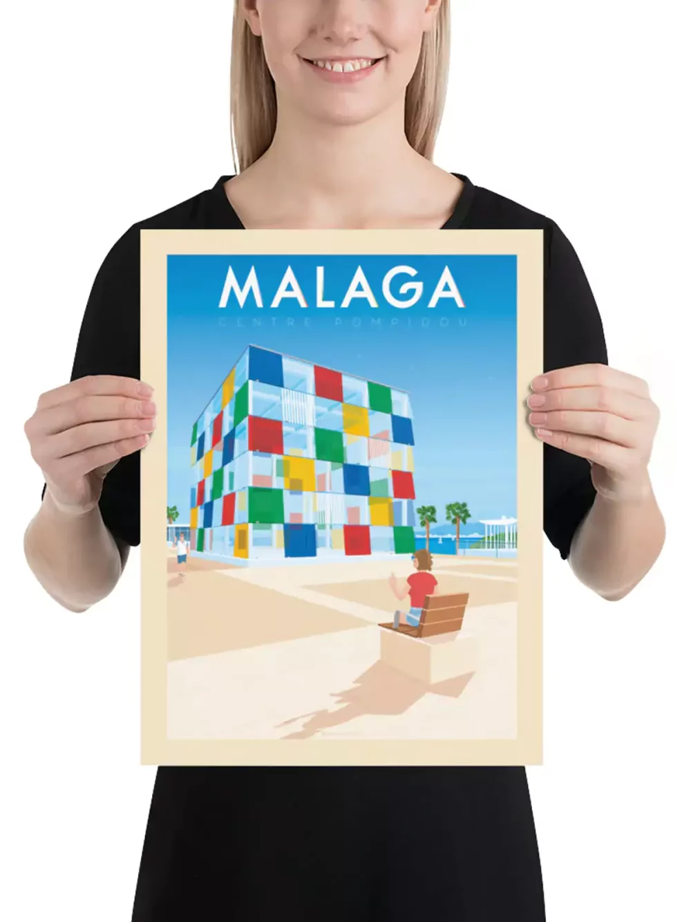 Affiche de la ville de Malaga en Espagne au style vintage. Retrouvez une illustration du cube en verre colorée présent au Centre Pompidou de cette ville touristique d'Andalousie connue pour ses plages au bord de la Méditerranée.