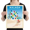 Affiche de la ville de Malaga en Espagne au style vintage. Retrouvez une illustration du cube en verre colorée présent au Centre Pompidou de cette ville touristique d'Andalousie connue pour ses plages au bord de la Méditerranée.