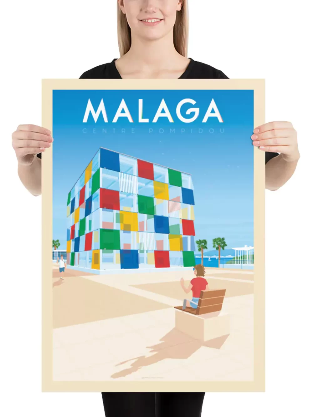 Affiche de la ville de Malaga en Espagne au style vintage. Retrouvez une illustration du cube en verre colorée présent au Centre Pompidou de cette ville touristique d'Andalousie connue pour ses plages au bord de la Méditerranée.