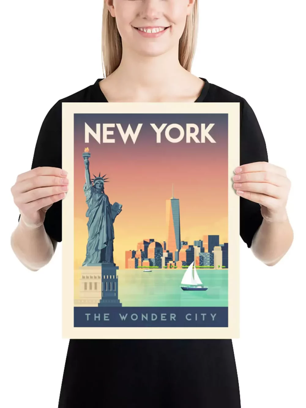 Affiche de la ville de New York aux États-Unis au style vintage. Cette affiche au design rétro et coloré égayera votre décoration intérieur de votre maison, dans une chambre d’enfant ou encore votre salon et salle de jeux.