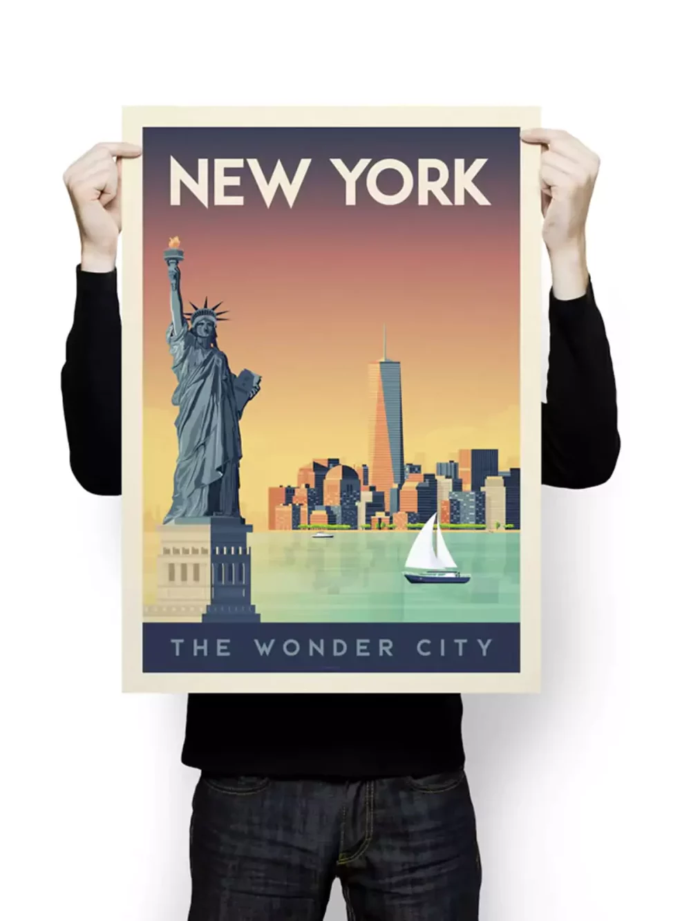 Affiche de la ville de New York aux États-Unis au style vintage. Cette affiche au design rétro et coloré égayera votre décoration intérieur de votre maison, dans une chambre d’enfant ou encore votre salon et salle de jeux.