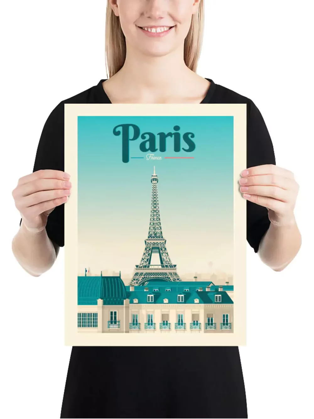 Affiche de la ville de Paris en France au style vintage. Cette affiche au design rétro et coloré égayera votre décoration intérieur.