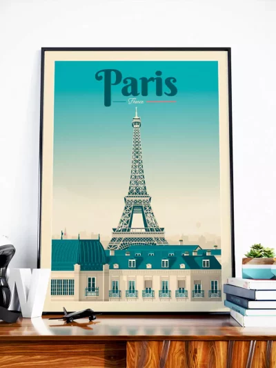 Affiche de la ville de Paris en France au style vintage. Cette affiche au design rétro et coloré égayera votre décoration intérieur.