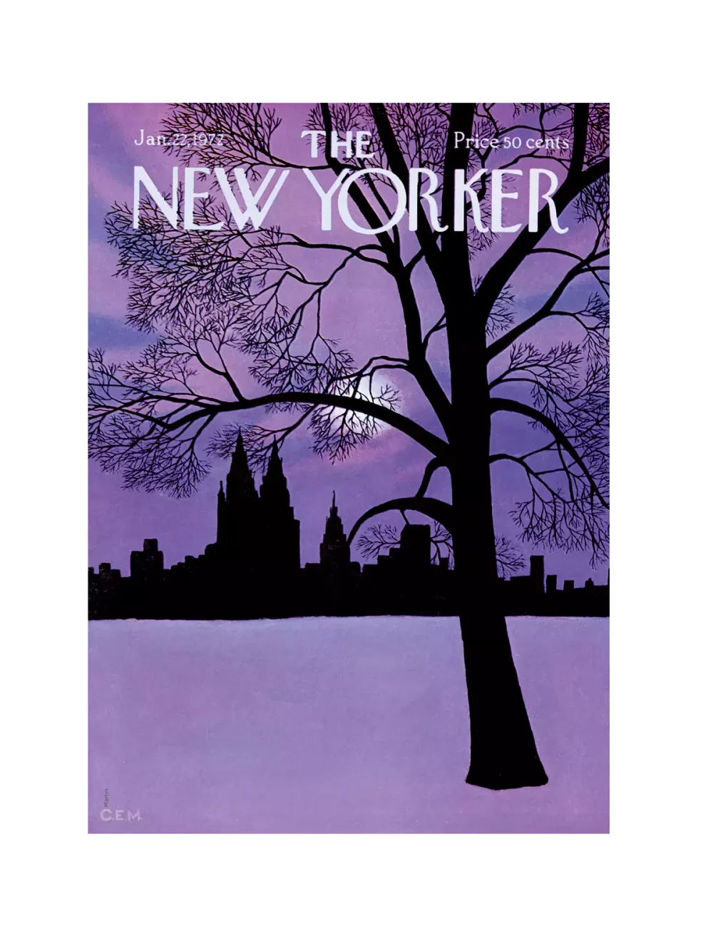 Illustration de Charles E. Martin. Cette couverture datée du 22 Janvier 1972 représente une vue de New York enneigé, teinté de violet.