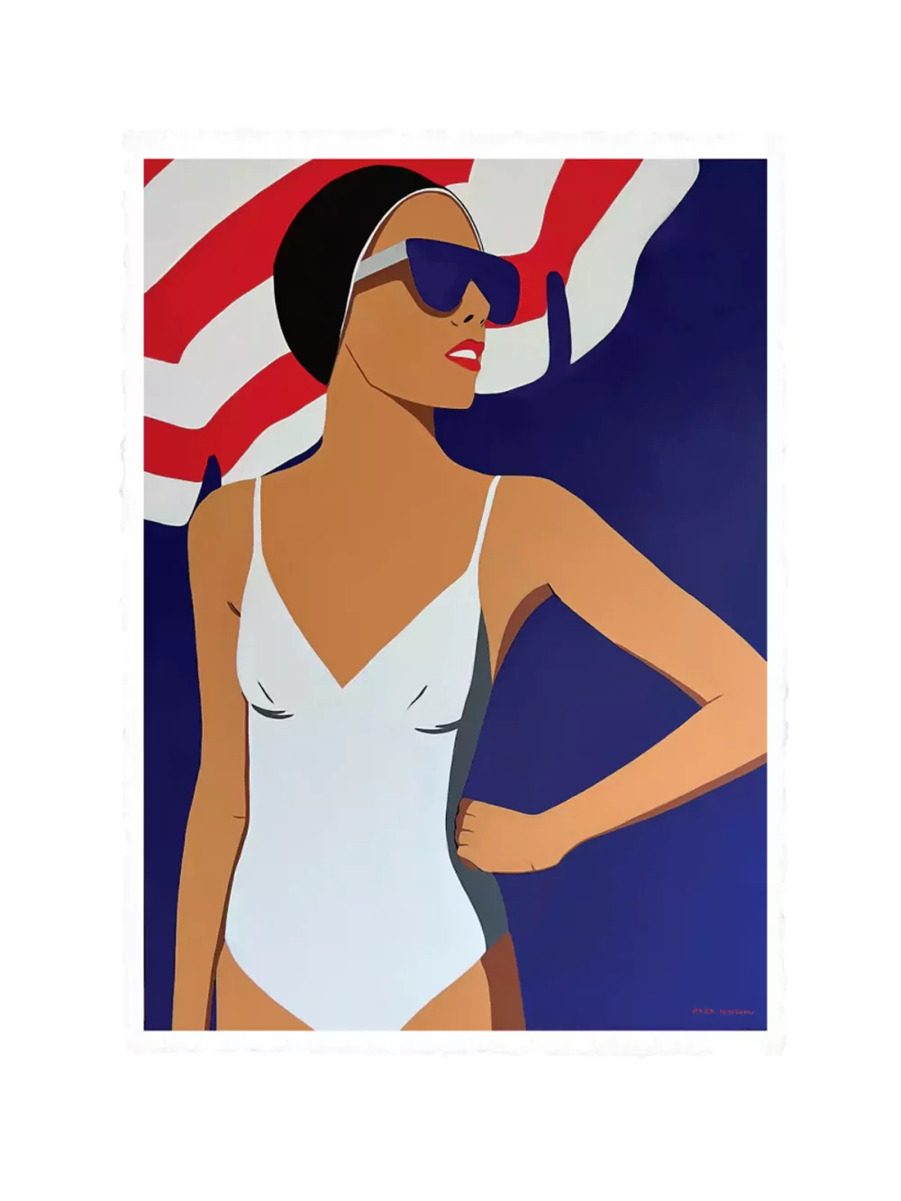 Illustration baigneuse maillot une pièce de Zaza Minssen. Fond bleu avec parasol, maillot blanc et bonnet noir. Tirage sur papier velin d'arches pour les modèles 38 x 56 cm et 56 x 76 cm.