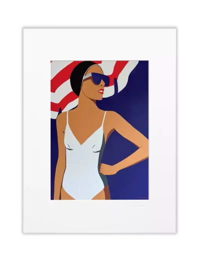 Illustration baigneuse maillot une pièce de Zaza Minssen. Fond bleu avec parasol, maillot blanc et bonnet noir. Passe-partout Canson blanc pour le modèle 30 x 40 cm.