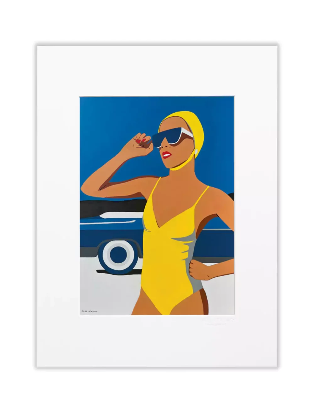 Illustration Baigneuse de Zaza Minssen. Fond bleu avec une voiture, maillot de bain et bonnet de bain jaunes. Tirage sur papier velin d'arches pour les modèles 38 x 56 cm et 56 x 76 cm.