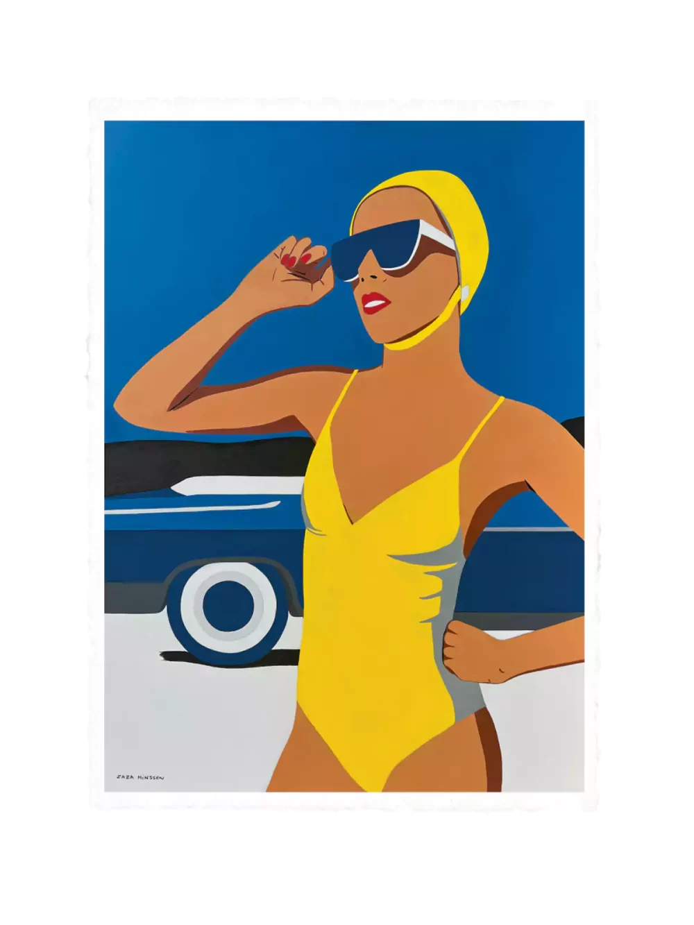 Illustration Baigneuse de Zaza Minssen. Fond bleu avec une voiture, maillot de bain et bonnet de bain jaunes. Tirage sur papier velin d'arches pour les modèles 38 x 56 cm et 56 x 76 cm.