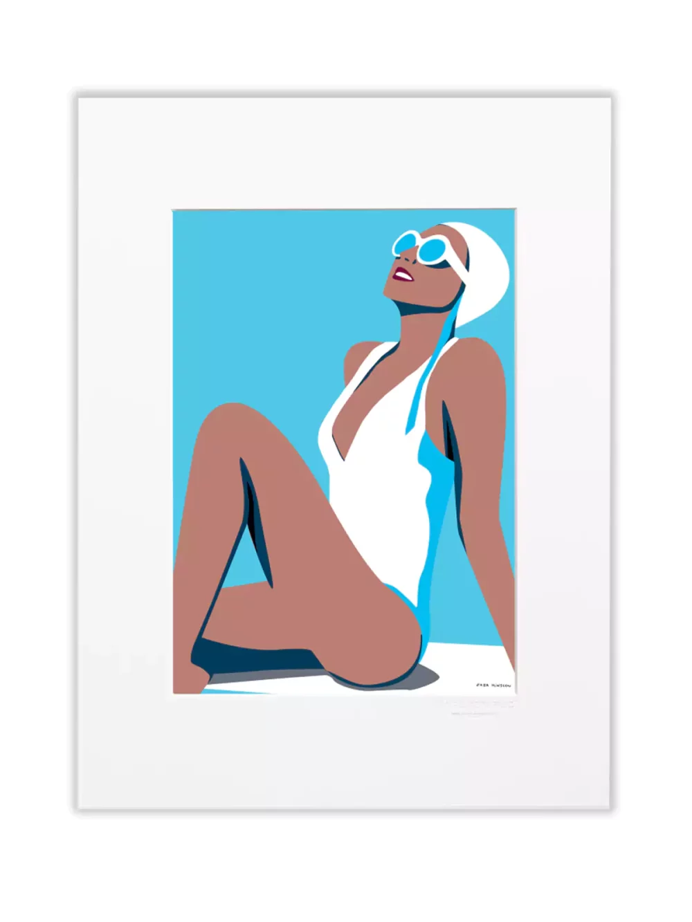 Illustration Baigneuse qui prend un bain de soleil de Zaza Minssen. Fond bleu, maillot de bain et bonnet de bain blancs. Passe-partout Canson blanc pour le modèle 30 x 40 cm.