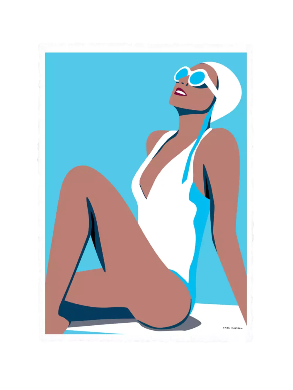 Illustration Baigneuse qui prend un bain de soleil de Zaza Minssen. Fond bleu, maillot de bain et bonnet de bain blancs. Tirage sur papier velin d'arches pour les modèles 38 x 56 cm et 56 x 76 cm.