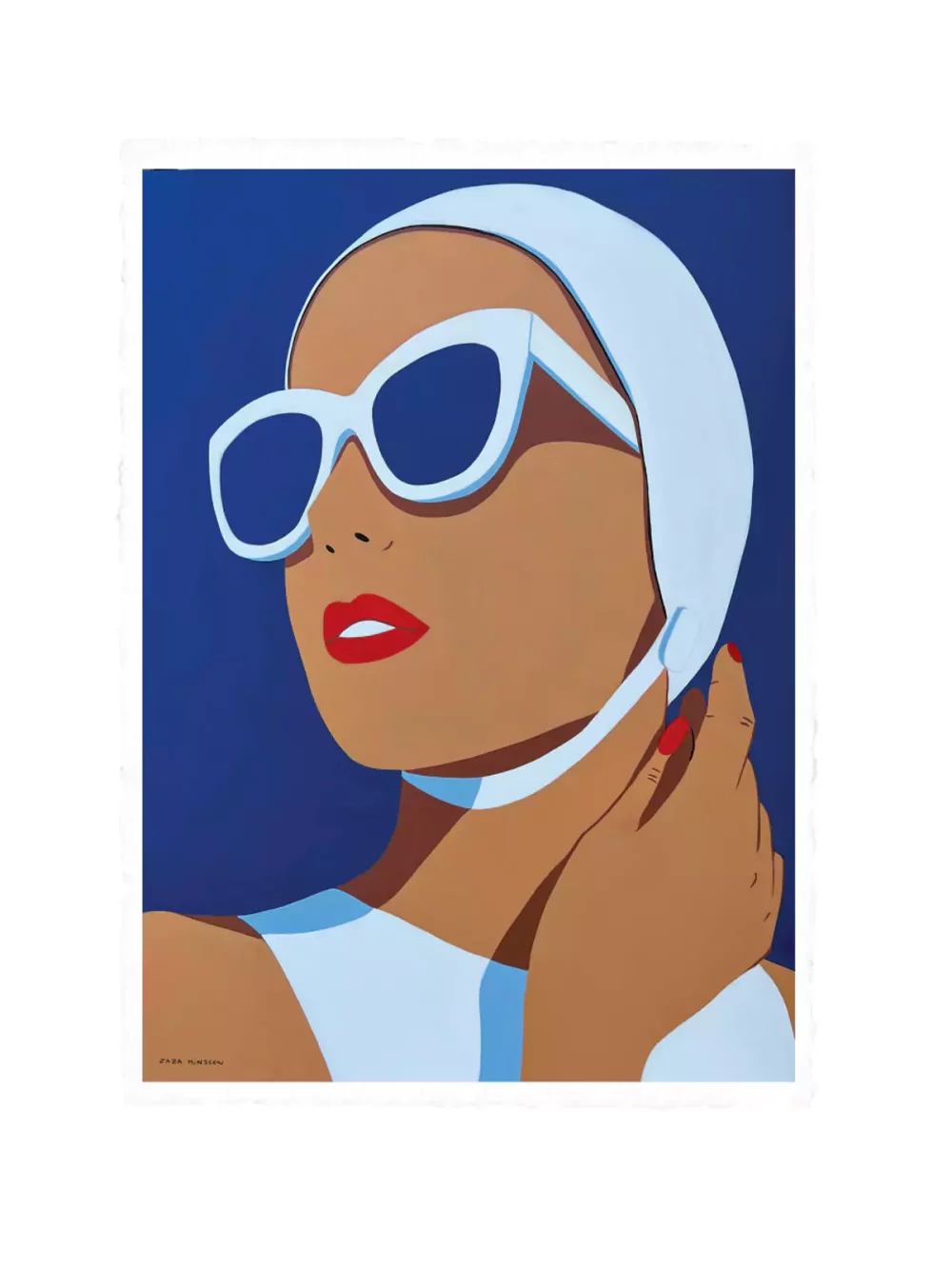 Illustration Portrait baigneuse de Zaza Minssen. Fond bleu azur, maillot et bonnet de bain blancs. Tirage sur papier velin d'arches pour les modèles 38 x 56 cm et 56 x 76 cm.