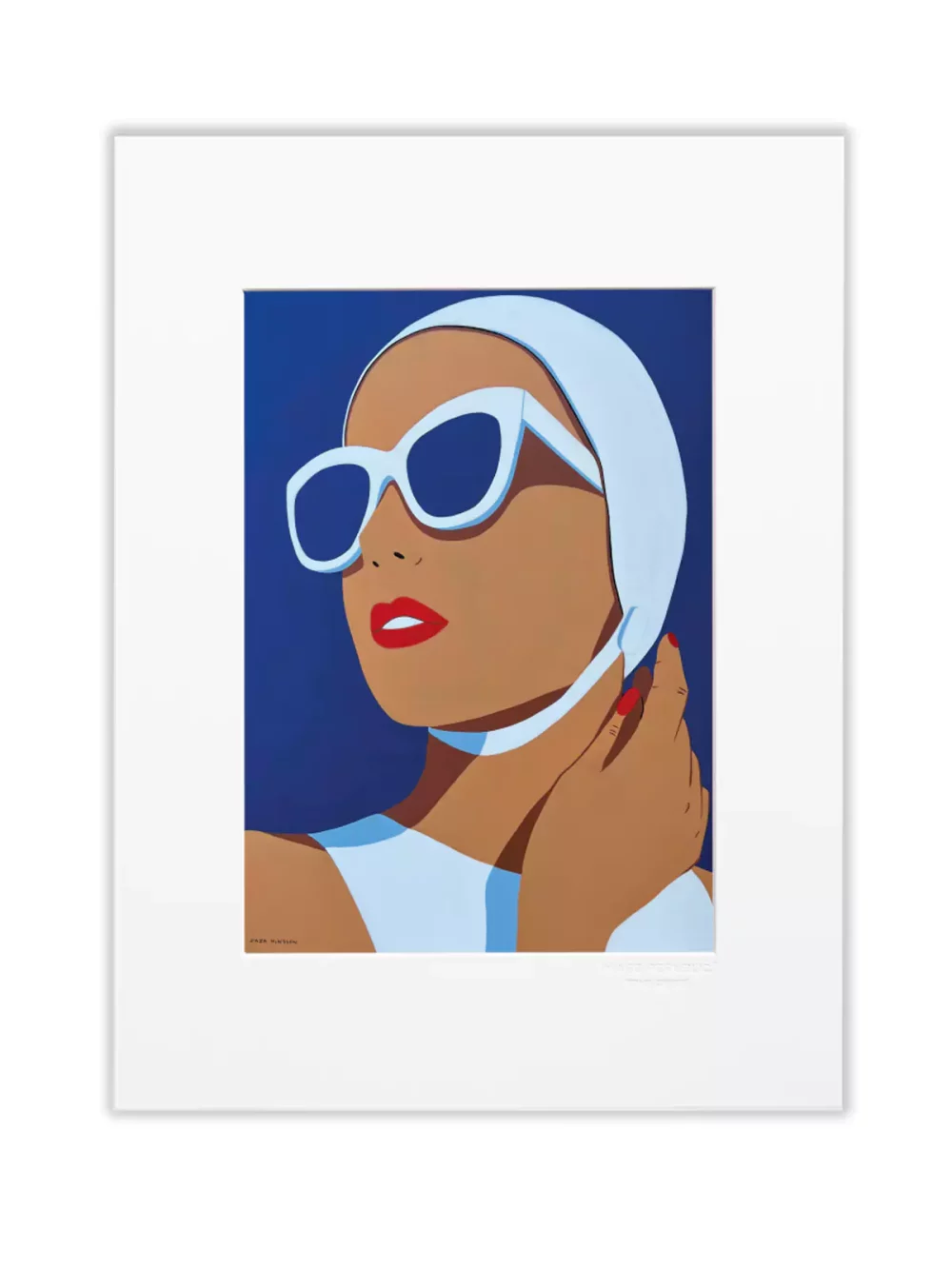 Illustration Portrait baigneuse de Zaza Minssen. Fond bleu azur, maillot et bonnet de bain blancs. Passe-partout Canson blanc pour le modèle 30 x 40 cm.