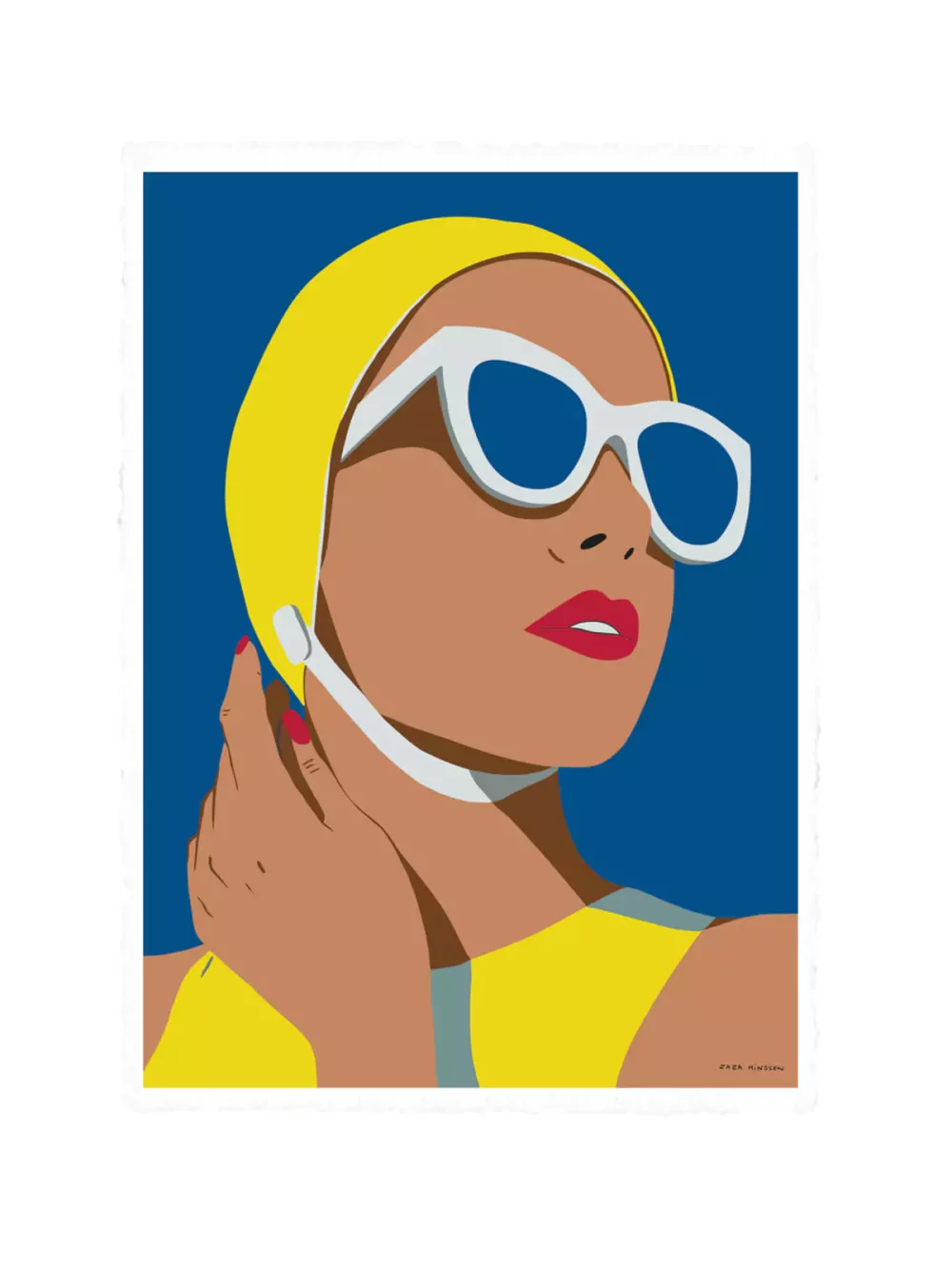 Illustration Portrait baigneuse de Zaza Minssen. Fond bleu azur, maillot et bonnet de bain jaune. Tirage sur papier velin d'arches pour les modèles 38 x 56 cm et 56 x 76 cm.