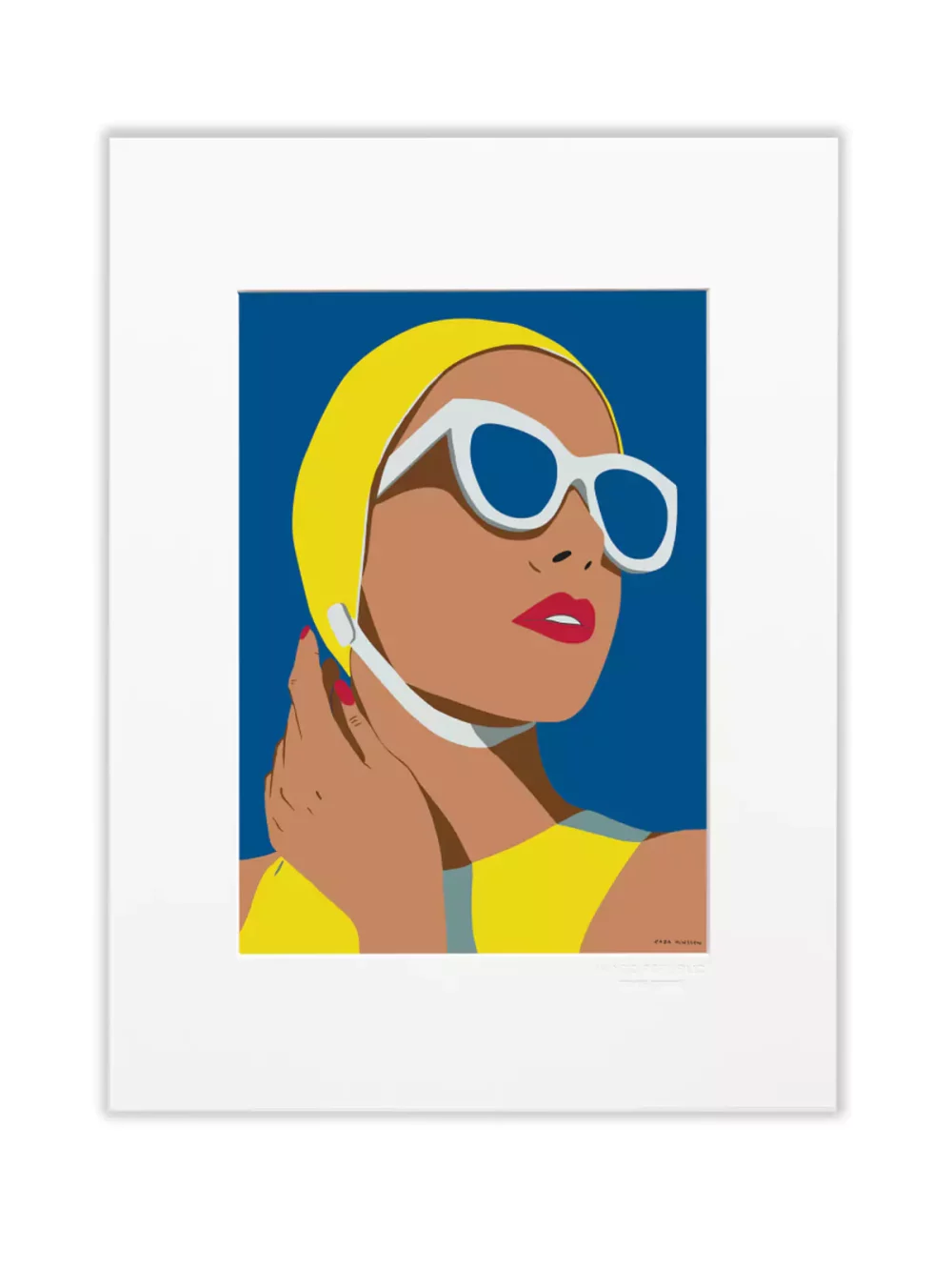 Illustration Portrait baigneuse de Zaza Minssen. Fond bleu azur, maillot et bonnet de bain jaune. Passe-partout Canson blanc pour le modèle 30 x 40 cm.