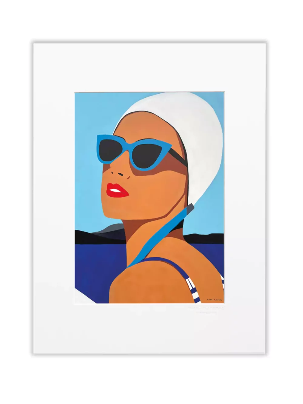 Illustration Portrait baigneuse de Zaza Minssen. Fond bleu, maillot à bretelles bleu et blanc et bonnet blanc. Passe-partout Canson blanc pour le modèle 30 x 40 cm.