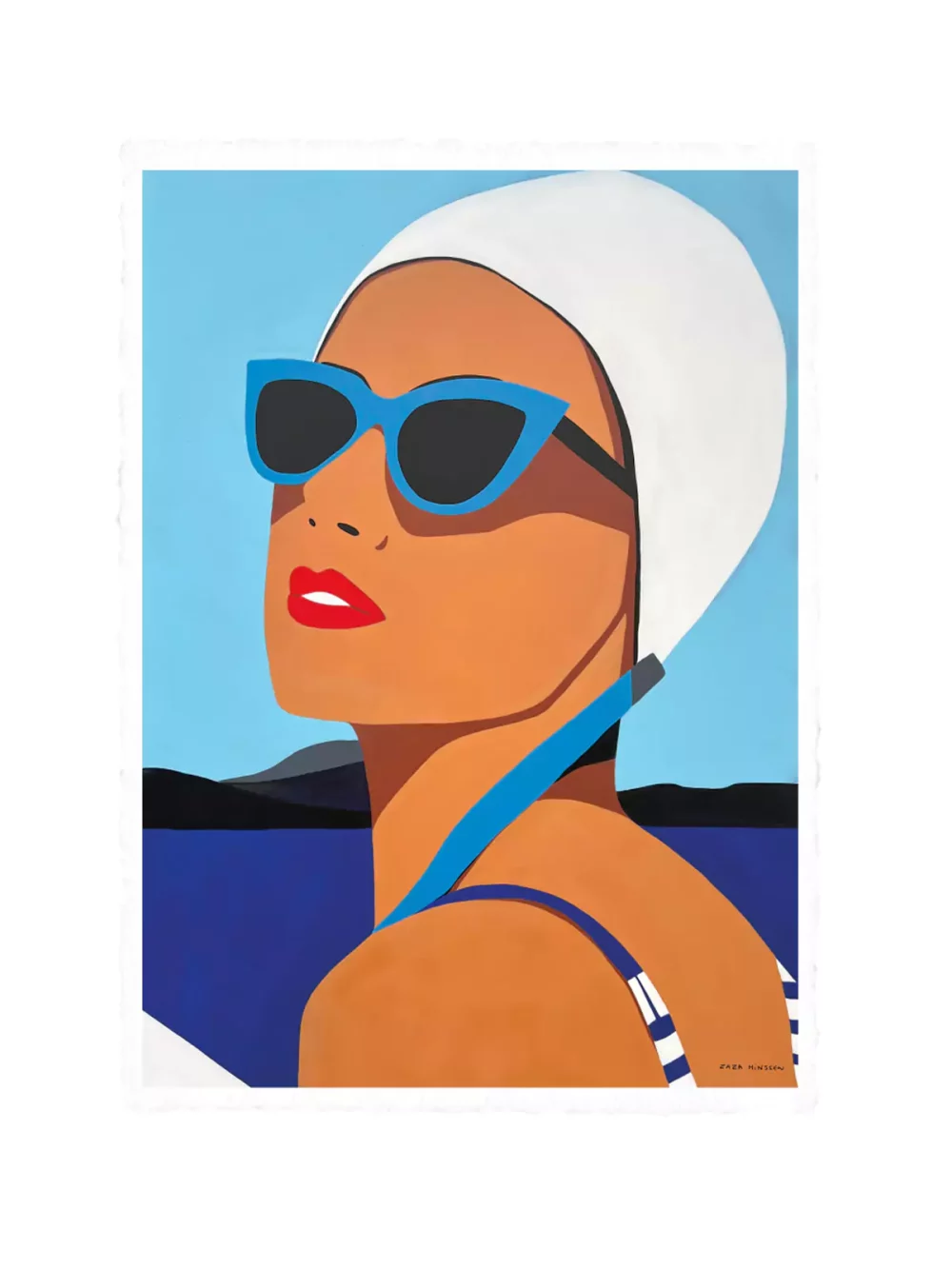 Illustration Portrait baigneuse de Zaza Minssen. Fond bleu, maillot à bretelles bleu et blanc et bonnet blanc. Tirage sur papier velin d'arches pour les modèles 38 x 56 cm et 56 x 76 cm.