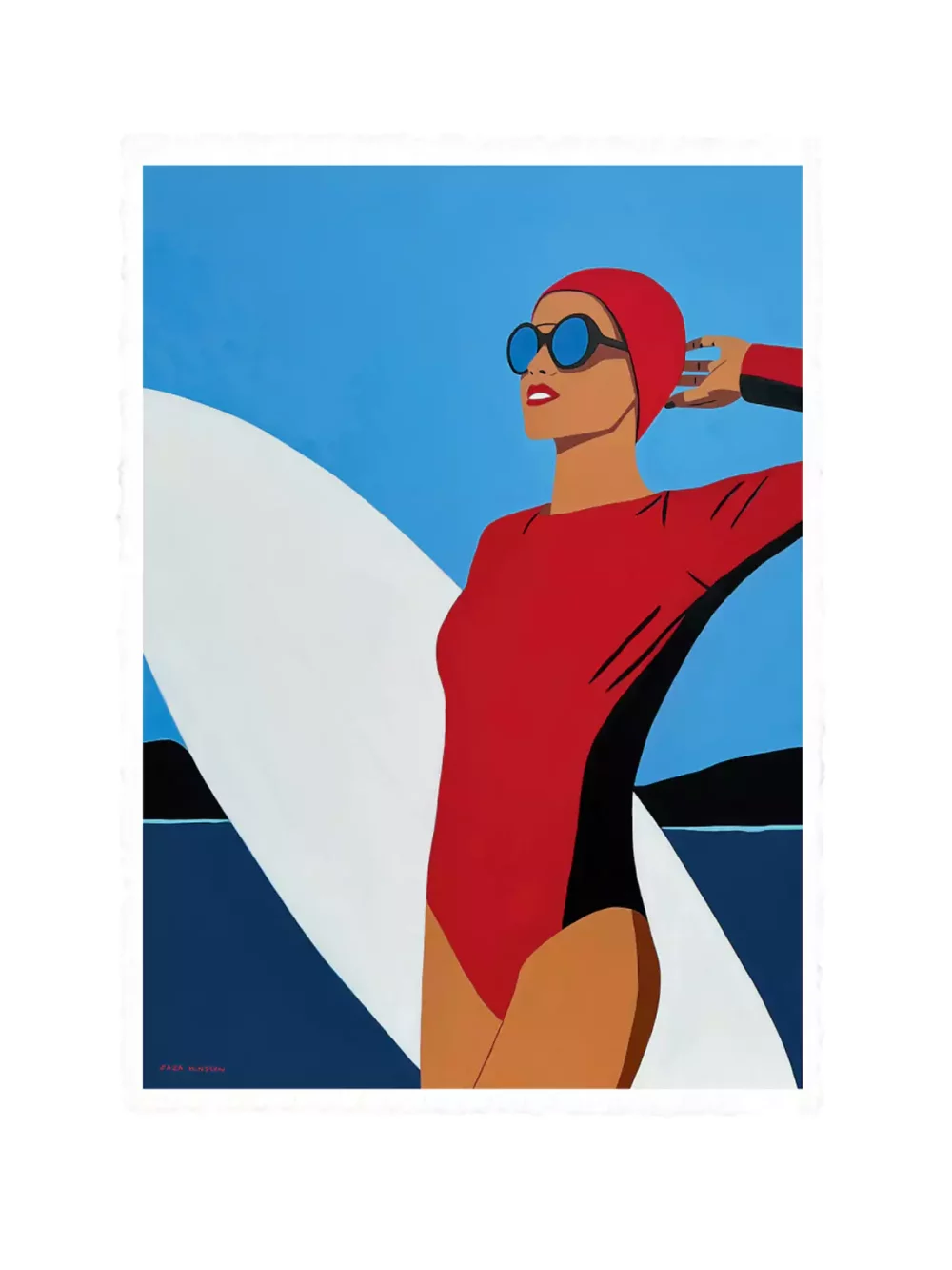 Illustration Surfeuse de Zaza Minssen. Fond bleu, maillot de bain et bonnet rouges. Tirage sur papier velin d'arches pour les modèles 38 x 56 cm et 56 x 76 cm.