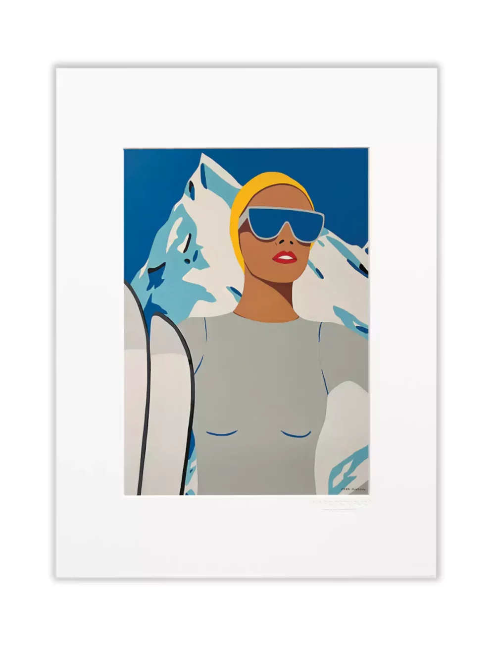 Illustration skieuse combi de Zaza Minssen. Montagne enneigée sur fond bleu azur, combinaison grise et bonnet jaune. Passe-partout Canson blanc pour le modèle 30 x 40 cm.