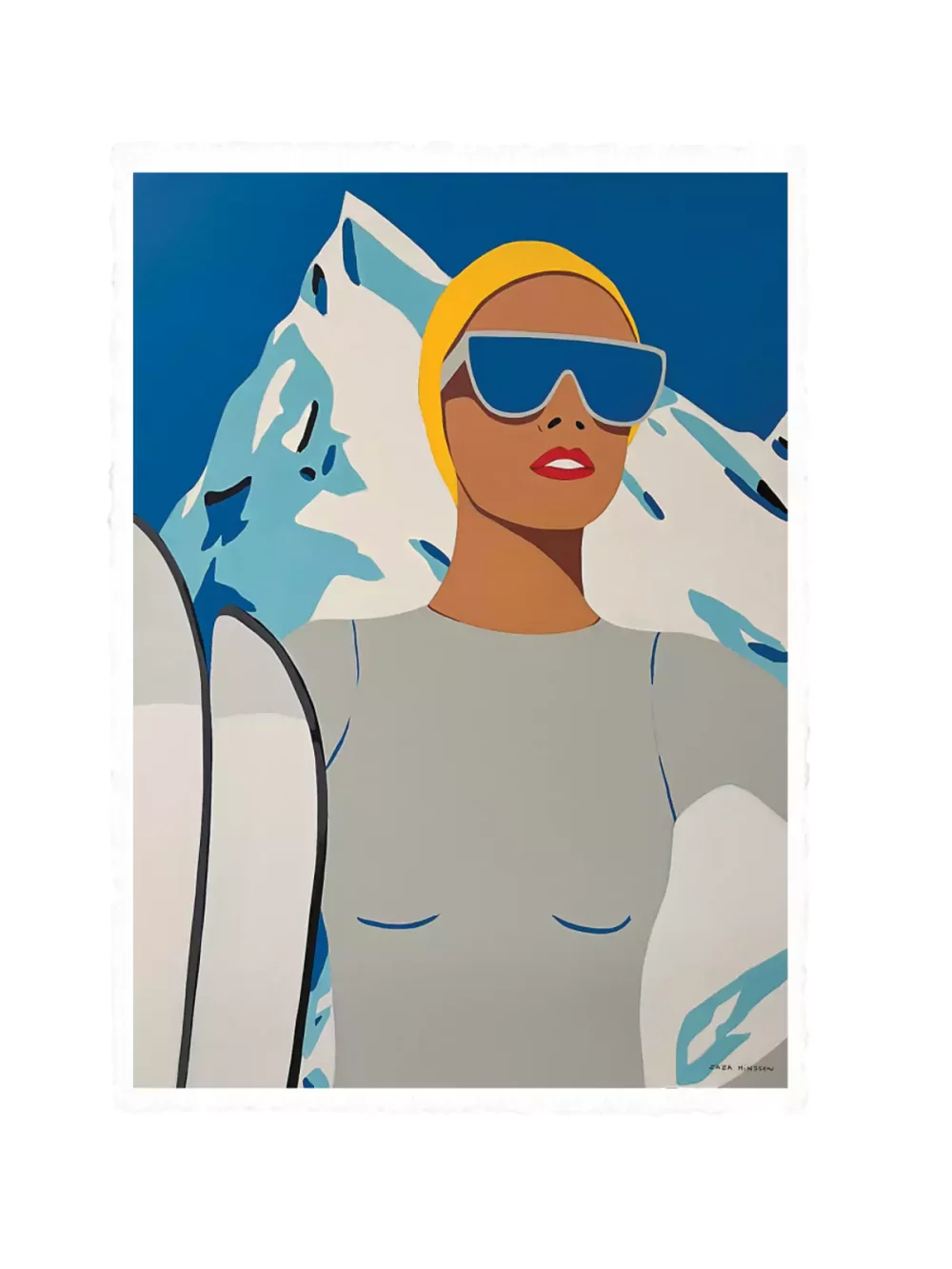 Illustration skieuse combi de Zaza Minssen. Montagne enneigée sur fond bleu azur, combinaison grise et bonnet jaune. Tirage sur papier velin d'arches pour les modèles 38 x 56 cm et 56 x 76 cm.