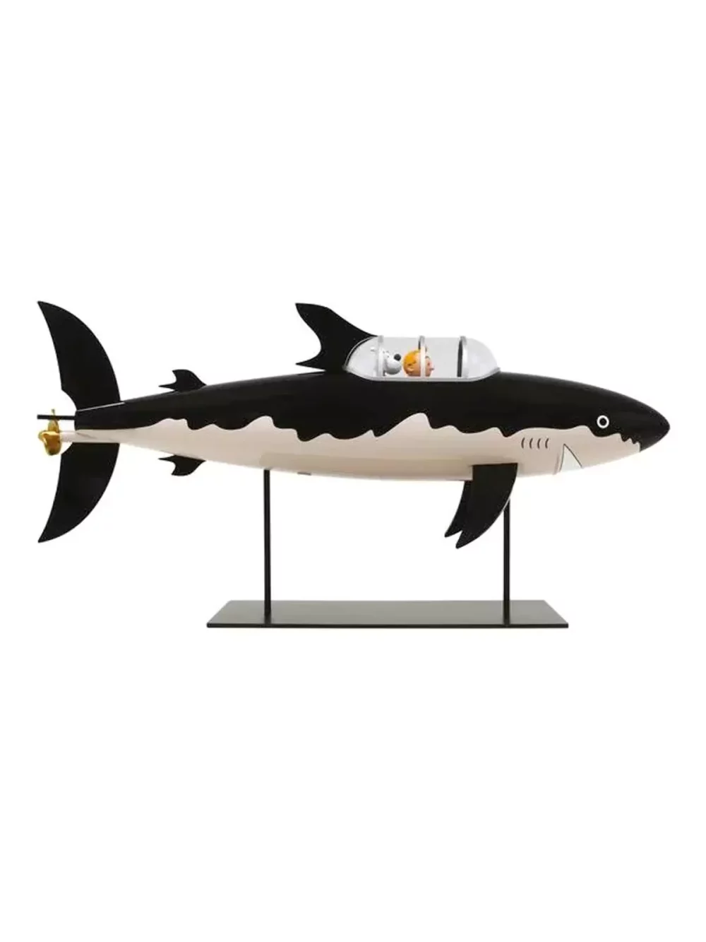 Cette pièce de collection "sous-marin requin" de 77 cm de long est une très belle réplique de l’invention du professeur Tournesol qui a été conçue par les studios de Moulinsart. Conception d'une grande fidélité.