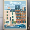 Affiche de voyage au style rétro de la ville de Rennes en Bretagne. La vue emblématique de la place du Champ Jacquet, célèbre pour son architecture médiévale et son ambiance animée.