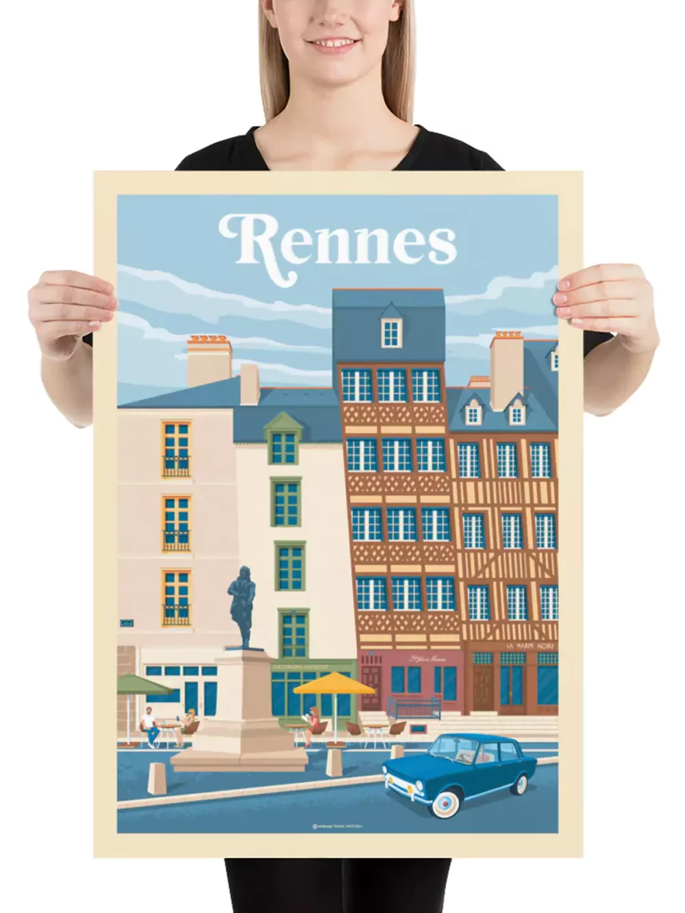 Affiche de voyage au style rétro de la ville de Rennes en Bretagne. La vue emblématique de la place du Champ Jacquet, célèbre pour son architecture médiévale et son ambiance animée.