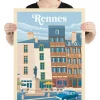 Affiche de voyage au style rétro de la ville de Rennes en Bretagne. La vue emblématique de la place du Champ Jacquet, célèbre pour son architecture médiévale et son ambiance animée.