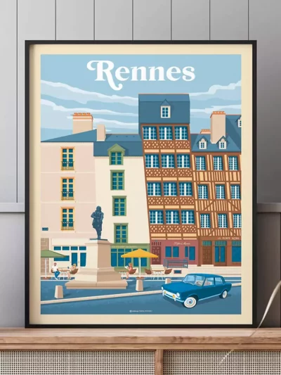 Affiche de voyage au style rétro de la ville de Rennes en Bretagne. La vue emblématique de la place du Champ Jacquet, célèbre pour son architecture médiévale et son ambiance animée.