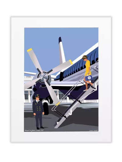 Affiche dessinée par Paulo Mariotti. Mariotti est passionné par les avions. Celui-ci sur le tarmac de l’aéroport londonien de Gatwick, est un Vickers Viscount.