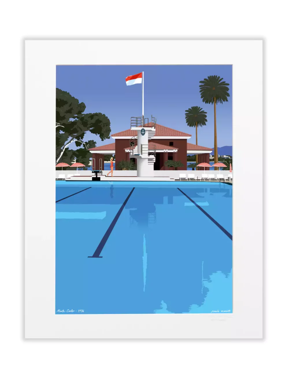 Affiche dessinée par Paulo Mariotti. L’hôtel Monte-Carlo Beach se situe à Roquebrune Cap Martin, à quelques centaines de mètres de Monaco. Construit en 1929 par l’architecte Roger Séassal pour la Société des Bains de Mer de la Principauté