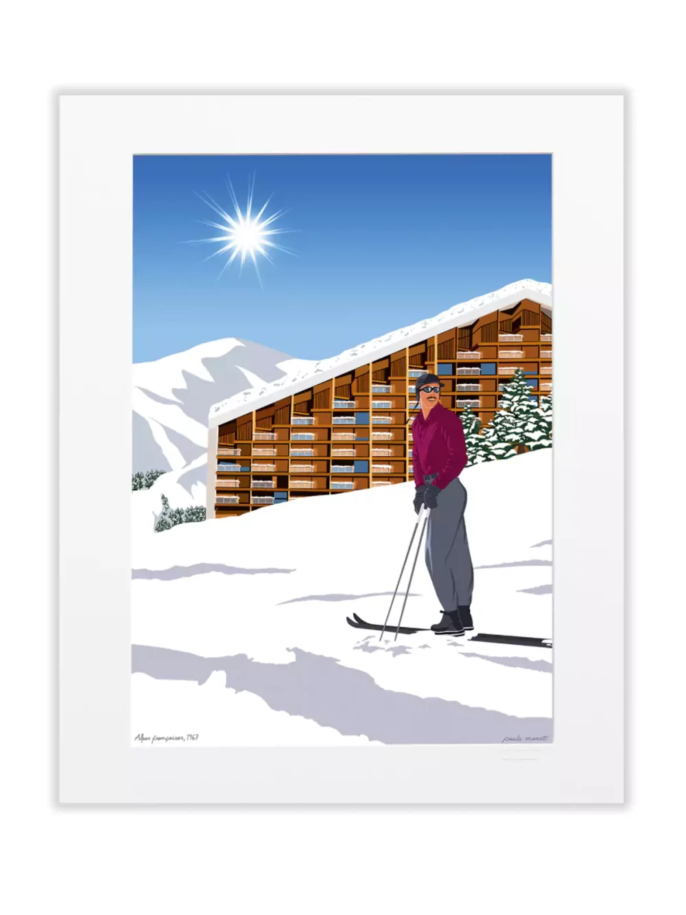 Affiche dessinée par Paulo Mariotti. Le dessin de Mariotti souligne la façon dont montagnes et bâtiments se répondent. La designer Charlotte Perriand cherchait continuellement à optimiser l’aménagement.