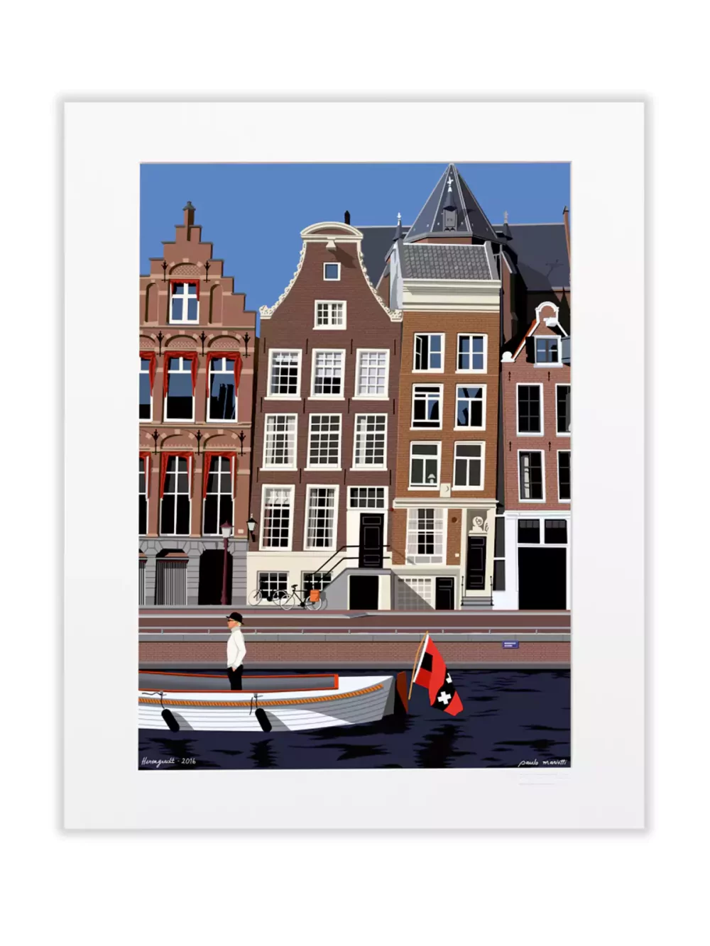 Affiche dessinée par Paulo Mariotti. Herengracht est un des trois canaux principaux d’Amsterdam. A quelques mètres de la célèbre « courbure d’or », Mariotti a représenté les quatre façades emblématiques des n°415 à 421...