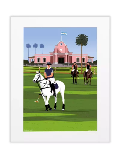 Affiche dessinée par Paulo Mariotti. Ici il représente Santa Maria de Lobos qui est un Estancia (ranch) 5 étoiles, où professionnels et amateurs sélectionnés viennent s’adonner au Polo.