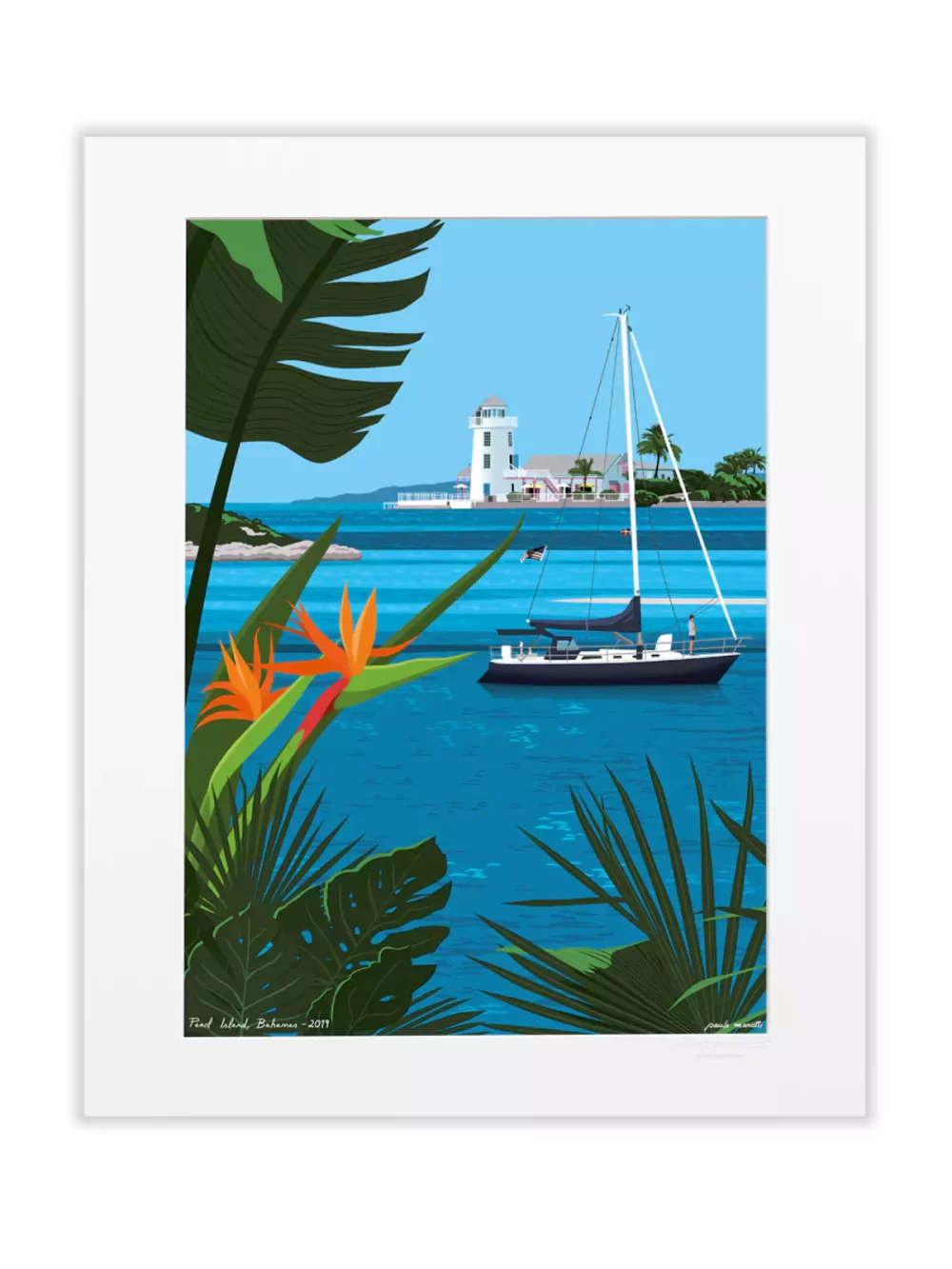 Affiche dessinée par Paulo Mariotti. Ici il révèle Pearl Island. Sur 500 m de long, cette île privée paradisiaque, donne une sensation unique de tranquillité et d’éloignement au milieu des Caraïbes.